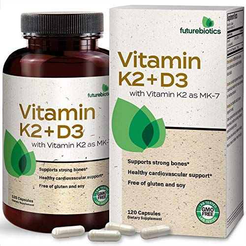 Futurebiotics Vitamin K2 (MK7) with D3 Supplement - Bone and Heart Health Non GMOFormula - 5000 IU Vitamin D3 & 90 mcg Vitamin K2 MK-7 - Easy to Swallow, 120 Vegetarian Capsules