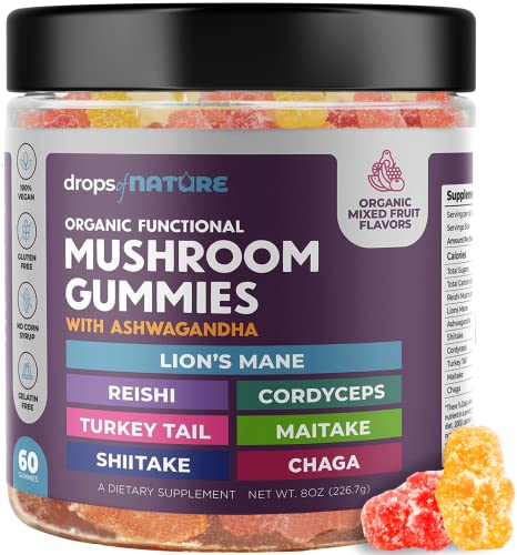 Lions Mane Mushroom Supplement Gummies - Organic Mushroom Gummies - Reishi, Cordyceps, Turkey tail, Maitake, Shitake, Chaga - Immune Defense, Boosts Cognitive Performance, Vegan, Low Carb - 60 Bears