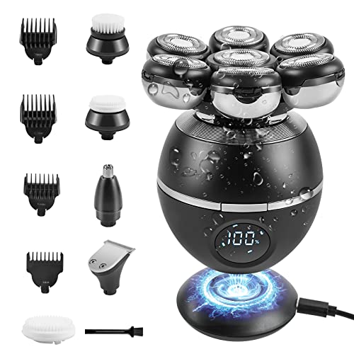 6 in 1 Electric Head Shaver, 7D Floating Cordless Electric Razor for Bald Men, IPX5-Waterproof Multifunctional Head Shaver Grooming Kit, Beard Hair Nose Trimmer Facial Cleaning Massage Brush