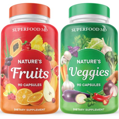 Fruits and Veggies Supplement - 90 Fruit and 90 Veggie Capsules -100% Whole Natural Superfood - Filled with Vitamins and Minerals - Supports Energy Levels - Made by Superfood MD (90 Count (Pack of 2))