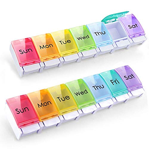 2 Pack Weekly Pill Organizer Arthritis Friendly(1 Time a Day), Travel 7 Day Pill Holder Vitamin Container Organizer with Spring Open Design and Large Section to Hold Vitamins, Fish Oil and Medication