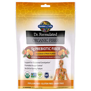 Garden of Life Dr. Formulated Organic Fiber Supplement - Citrus, 32 Servings, Organic Prebiotic Fiber Supplement, Psyllium Free, Vegan Superfood Fiber Powder, Constipation Relief, Hunger Control