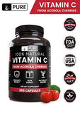 100% Natural Vitamin C from Acerola Cherry, 1 Year Supply, No Synthetic Ascorbic Acid, No Rice Fillers or Magnesium Stearate, 365 Capsules with 535 mg Undiluted Acerola Cherry with No Additives