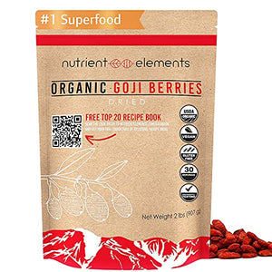 2 lbs/32oz Premium Organic, Raw & Dried Goji Berries - USDA Certified - (907g) - Natural Superfood - Extra Large, Non GMO Berries with Resealable Bag by Nutrient Elements - Free Recipes E-Book