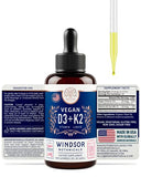 Vitamin D3 K2 Vegan Liquid - Heart, Immune Function, and Brain Support Supplement - D3 1,000iu, K2 MK-7 25mcg - Windsor Botanicals Cruelty-Free Organic Olive Oil Drops - Unflavored - 90 Servings - 2oz