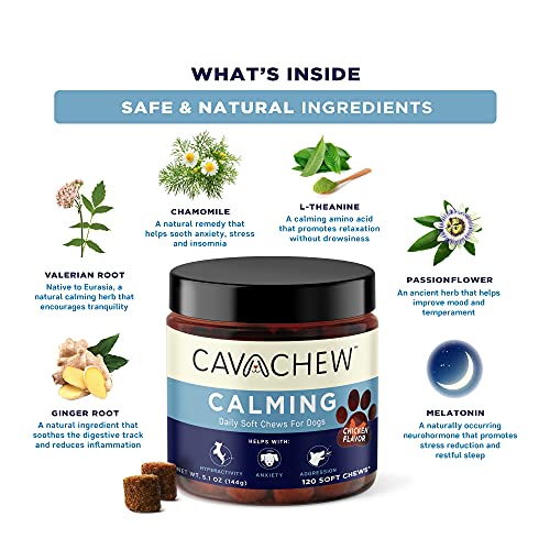 CAVACHEW Calming Chews for Dogs - Anxiety Relief Treat and Dog Calming Aid - Natural Dog Chews with Melatonin for Calm Behavior, Relaxation & Separation Anxiety - Made in The USA - 120 Soft Bites