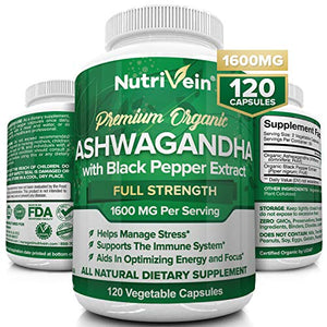Nutrivein Organic Ashwagandha Capsules 1600mg with Black Pepper Extract - 120 Vegan Pills - 100% Pure Root Powder Supplement - Stress Relief, Anxiety, Immune, Thyroid & Adrenal Support - Mood Enhancer