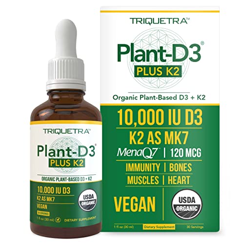 Organic Plant D3 + K2 - 10,000 iu D3 - All-Trans MK7 from MenaQ7 (120 mcg K2) - 100% Organic & Plant-Based Sublingual D3 Drops (Cholecalciferol), 100% Vegan - Supports Immunity, Bone, Mood & Brain