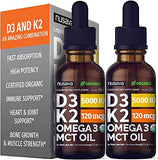 (2 Pack) Organic Vitamin D3 K2 Drops w MCT Oil Omega 3, 5000 IU, Maximum Strength Vitamin D Liquid 5000 IU, No Fillers, Non-GMO Liquid D3 for Faster Absorption & Immune Support, Unflavored, 2 Fl Oz