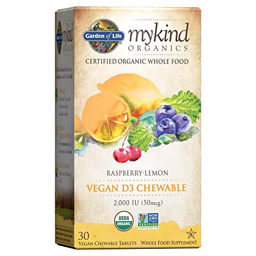 Garden of Life Vitamin D3 - mykind Vegan Organic D Vitamin Whole Food Supplement for Immune and Bone Health, 2000 IU, Raspberry Lemon, 30 Chewable Tablets