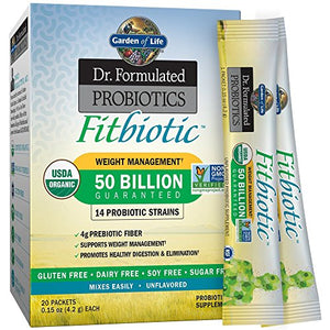 Garden of Life Dr. Formulated Probiotics Fitbiotic Weight Management Powder 50 Billion CFU & Prebiotic Fiber, Organic & Non-GMO Digestive Gut Health Probiotic Supplement, 20 Single Serving Packets