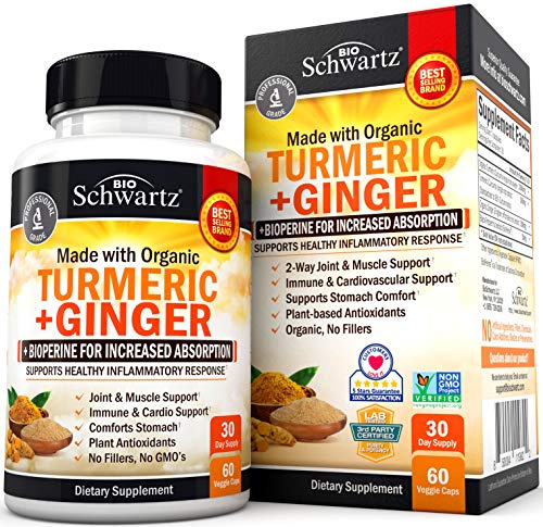 Organic Turmeric Curcumin and Ginger 95% Curcuminoids with BioPerine Black Pepper Extract for Ultra High Absorption - Natural Joint Support Supplement by BioSchwartz - Tumeric Ginger - 60 Capsules