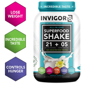 INVIGOR8 Superfood Protein Shake Gluten-Free and Non GMO Meal Replacement Shake with Probiotics and Omega 3 (645 Grams) (French Vanilla)