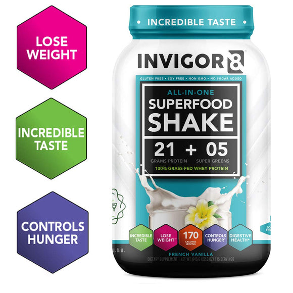 INVIGOR8 Superfood Protein Shake Gluten-Free and Non GMO Meal Replacement Shake with Probiotics and Omega 3 (645 Grams) (French Vanilla)