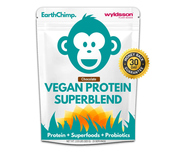 EarthChimp Plant Based Vegan Protein Powder (2lb) with Probiotics, Superfoods & Organic Fruit & Veg | No Added Sugar, Gluten Free, Gum Free (Chocolate)