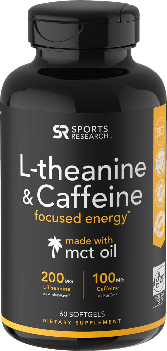 L-Theanine & Caffeine with Coconut MCT Oil ~ Nootropic Supplement for Focused Energy ~ Keto Certified & Non-GMO Verified (60 Softgels)