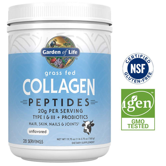 Garden of Life Grass Fed Collagen Peptides Powder for Hair Skin Nails & Joints - Unflavored, 28 Servings - 20g Type I & III Peptides, 18g Collagen Protein, Probiotics - Gluten Free, Keto & Paleo