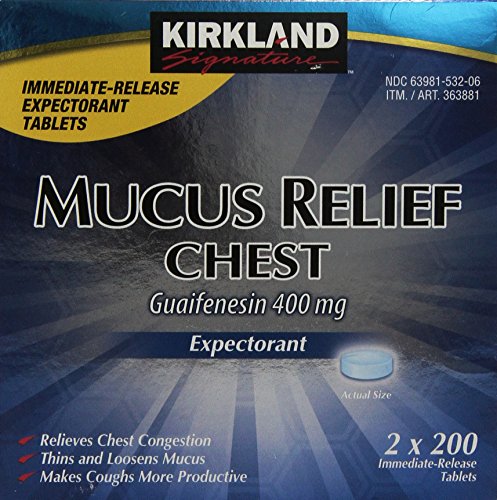 Kirkland Signature Mucus Relief Chest Expectorant (Guaifenesin 400 Mg), 2 bottles of 200-Count Immediate-Release Tablets