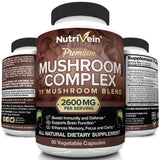 Nutrivein Mushroom Supplement - 2600mg - 90 Capsules - 11 Organic Mushrooms - Lions Mane, Cordyceps, Chaga, Reishi, Turkey Tail, Maitake, Shiitake, Agaricus, White Button, Oyster - Nootropic Complex