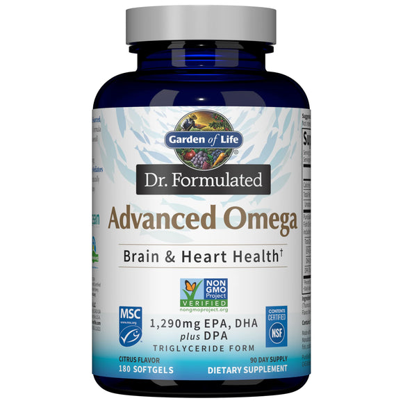 Garden of Life Dr. Formulated Advanced Omega Fish Oil - Lemon, 1,290mg EPA, DHA + DPA in Triglyceride Form, Single Source Omega 3 Supplement for Ultimate Brain & Heart Health, Non-GMO, 180 Softgels