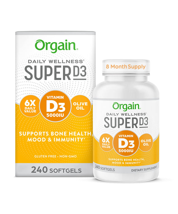 Vitamin D3 5,000IU (125mcg) for Immune Support, Bone Health, and Mood Support - Orgain Super D3 Supplement with Organic Olive Oil for Better Absorption - 240 Softgels, 8 Month Supply