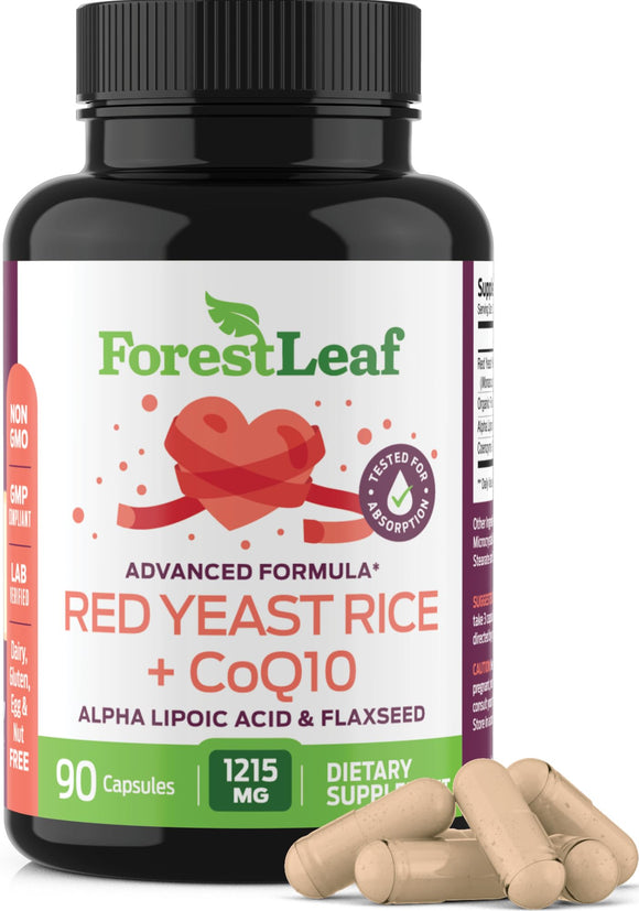 ForestLeaf Red Yeast Rice with CoQ10 Supplement - 1215 mg Extra Strength Capsules – Citrinin Free - Red Yeast Rice Supplement Complex with Alpha Lipoic Acid and Organic Flaxseed Oil, 90 Count