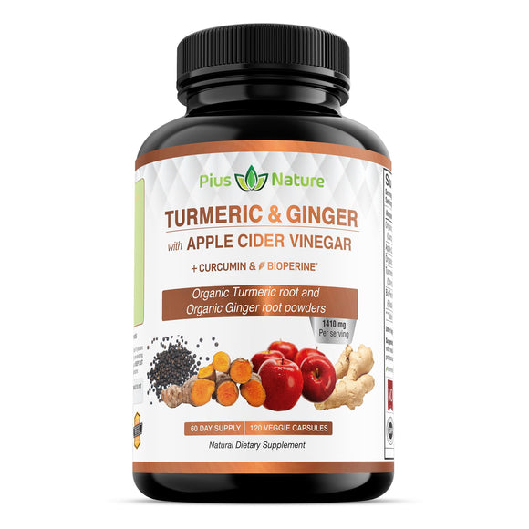 PIUS NATURE Turmeric Curcumin and Ginger with Apple Cider Vinegar, USDA Organic Ingredients, Standardized 95% Curcuminoids, with Bioperine for Joint Support and Immunity - 120 Veggie Capsules