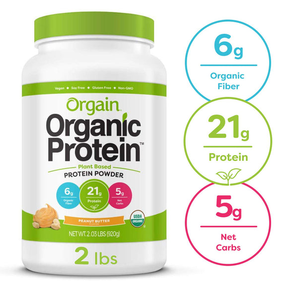 Orgain Organic Plant Based Protein Powder, Peanut Butter - Vegan, Low Net Carbs, Non Dairy, Gluten Free, Lactose Free, No Sugar Added, Soy Free, Kosher, Non-GMO, 2.03 Pound