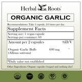 Herbal Roots Organic Whole Bulb Garlic Pills - Potent Extra Strength | 600 mg - 60 Organic Vegan Capsules