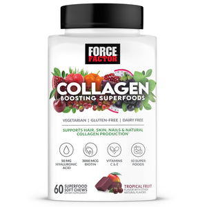 Force Factor Collagen Boosting Superfoods with Biotin, Hyaluronic Acid, Bamboo, and Hair, Skin, and Nails Vitamins, Nail Strengthener and Skin Supplement, Tropical Fruit Flavor, 60 Soft Chews