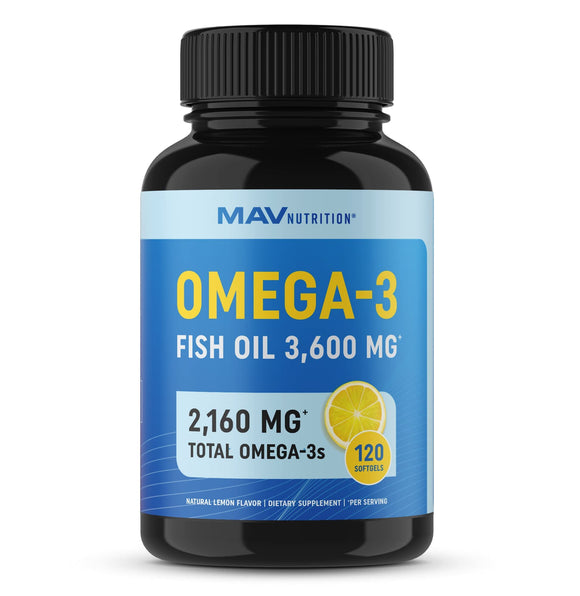 Fish Oil Omega 3 + EPA & DHA, 3600 mg | Triple Strength Brain, Heart, Joints, Skin and Immune Support | 120 Non-GMO Lemon Flavor Burpless Softgels