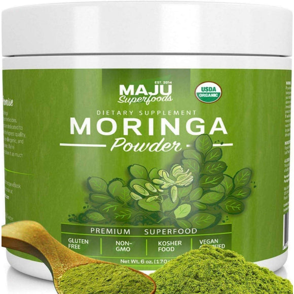 MAJU's Organic Moringa Powder, Oleifera Leaf, Extra-Fine Quality, Dried Drumstick Tree Leaves, Tea, Smoothies, Food-Grade