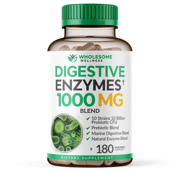 Wholesome Wellness Digestive Enzymes 1000MG Plus Prebiotics & Probiotics Supplement, 180 Capsules, Organic Plant-Based Vegan Formula for Digestion & Lactose with Amylase & Bromelain,3-6 Months Supply