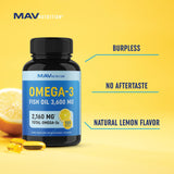 Fish Oil Omega 3 + EPA & DHA, 3600 mg | Triple Strength Brain, Heart, Joints, Skin and Immune Support | 120 Non-GMO Lemon Flavor Burpless Softgels