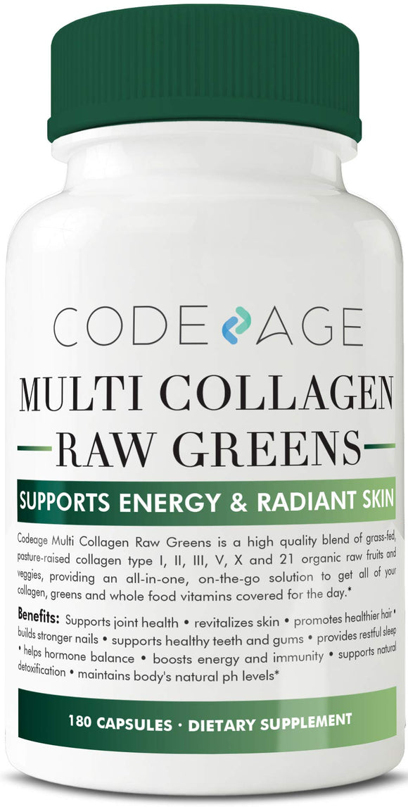 Codeage Multi Collagen Pills and Raw Greens Superfood, Grass Fed Collagen Type I, II, III, V, X and 21 Organic Nutritions, 180 Capsules