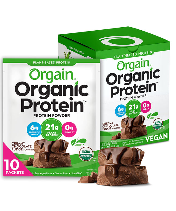 Orgain Organic Vegan Protein Powder, Chocolate Fudge - 21g Plant Based Protein, Gluten Free, Dairy Free, Lactose Free, Soy Free, No Sugar Added, Kosher, For Smoothies & Shakes - 10 Travel Packets