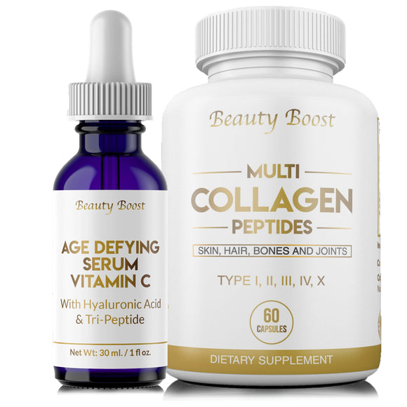 Beauty Boost  Vitamin C Age Defying Serum with Hyaluronic Acid + Multi Collagen Peptides Type I II III V X - Helps Decrease Wrinkle Depth, Reduce Fine Lines and Stretch Marks