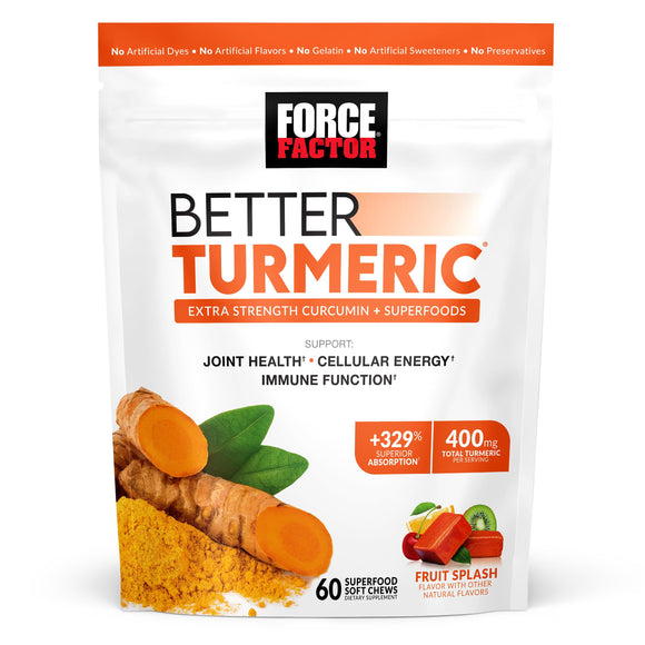 Force Factor Better Turmeric Joint Support Supplement for Extra Strength Joint Health, Featuring HydroCurc Turmeric Curcumin with Black Pepper for Superior Absorption, Fruit Splash, 60 Soft Chews