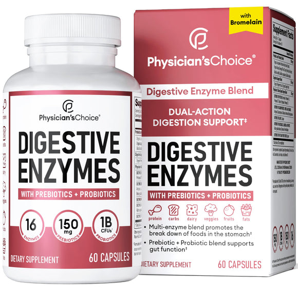 Physician's CHOICE Digestive Enzymes - Multi Enzymes, Bromelain, Organic Prebiotics & Probiotics for Digestive Health & Gut Health - Bloating & Meal Time Discomfort - Dual Action - All Diets - 60 CT
