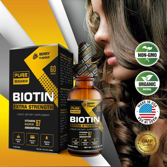 Extra Strength 10000mcg Biotin Liquid Drops, 60 Servings, Vegan Friendly, Supports Healthy Hair Growth, Strong Nails and Glowing Skin, 3X More Absorption Than Capsules or Pills