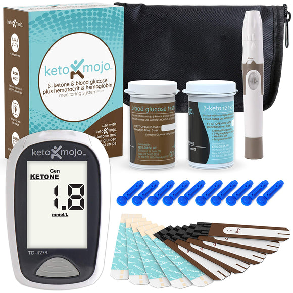 KETO-MOJO Blood Ketone and Glucose Testing Kit, 1 Meter, 10 Ketone & 10 Glucose Test Strips,1 Lancing Device, 10 Lancets, Monitor Your Ketogenic Diet