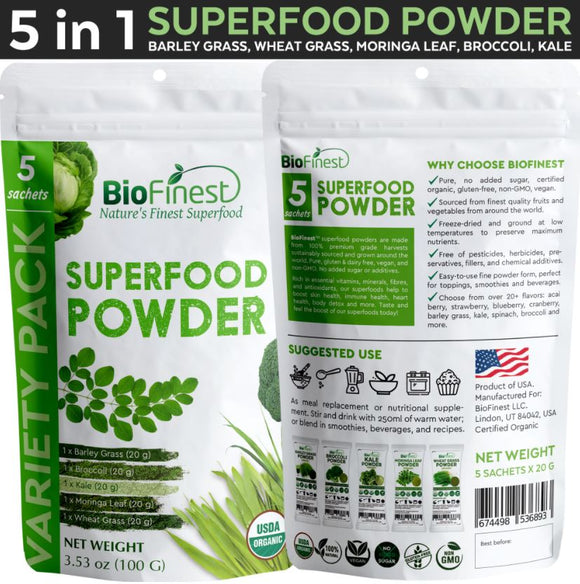 Biofinest 5 in 1 Organic Superfood Powder with Barley Grass, Brocolli, Kale Moringa Leaf