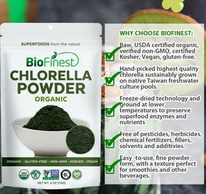 Biofinest Chlorella Powder (Broken Cell Wall) - 100% Pure Freeze-Dried Superfood - USDA Certified Organic Raw Vegan Non-GMO - Boost Digestion Detox Weight Loss - For Smoothie Beverage Blend (114g)