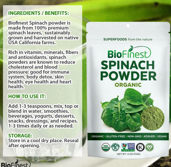 Biofinest Spinach Powder - 100% Pure Freeze-Dried Antioxidants Superfood - USDA Certified Organic Kosher Vegan