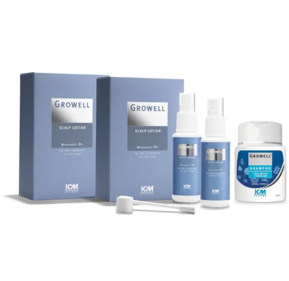 ICM PHARMA Growell 3% Scalp Lotion 60ml Twin Pack + Growell Shampoo 75ml