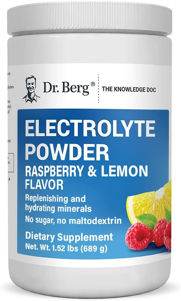 Dr. Berg's Electrolyte Powder, Raspberry & Lemon Flavor - Hydration Drink Mix Supplement w/ 13x Potassium - NO Maltodextrin Sugar & Carb Free - 100 Servings