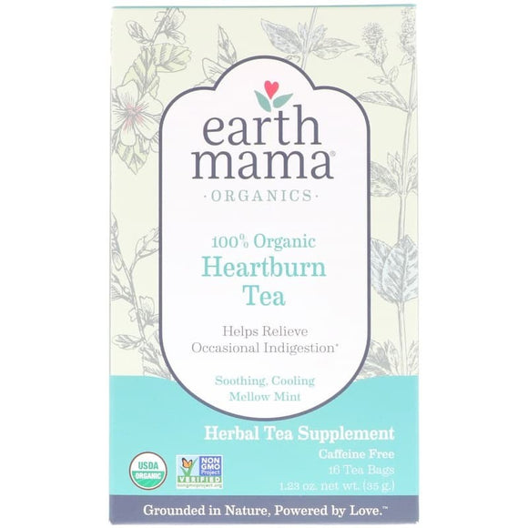 Earth Mama, Organics, 100% Organic Heartburn Tea, Soothing, Cooling Mellow Mint, Caffeine Free, 16 Tea Bags, 1.23 oz (35 g)