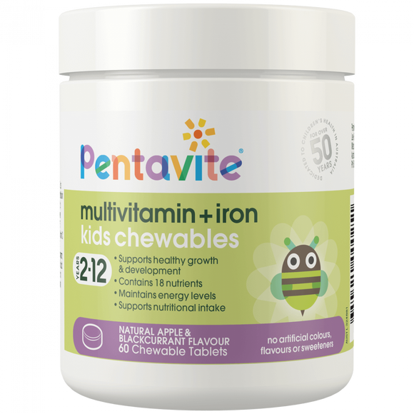 Pentavite Multivitamin + iron kids 60 chewables 2-12 Years, Natural Apple & Blackcurrant Flavour