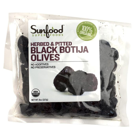 Sunfood, Organic Black Botija Olives, Herbed & Pitted, 8 oz (227 g)