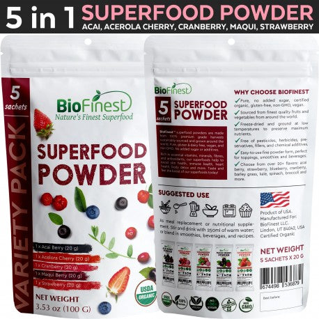 Biofinest 5 in 1 Organic Superfood Powder with Acai Berry , Cranberrry, Maqui Berry